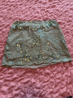 Sage Green Embellished Sequin Floral Mini Skirt